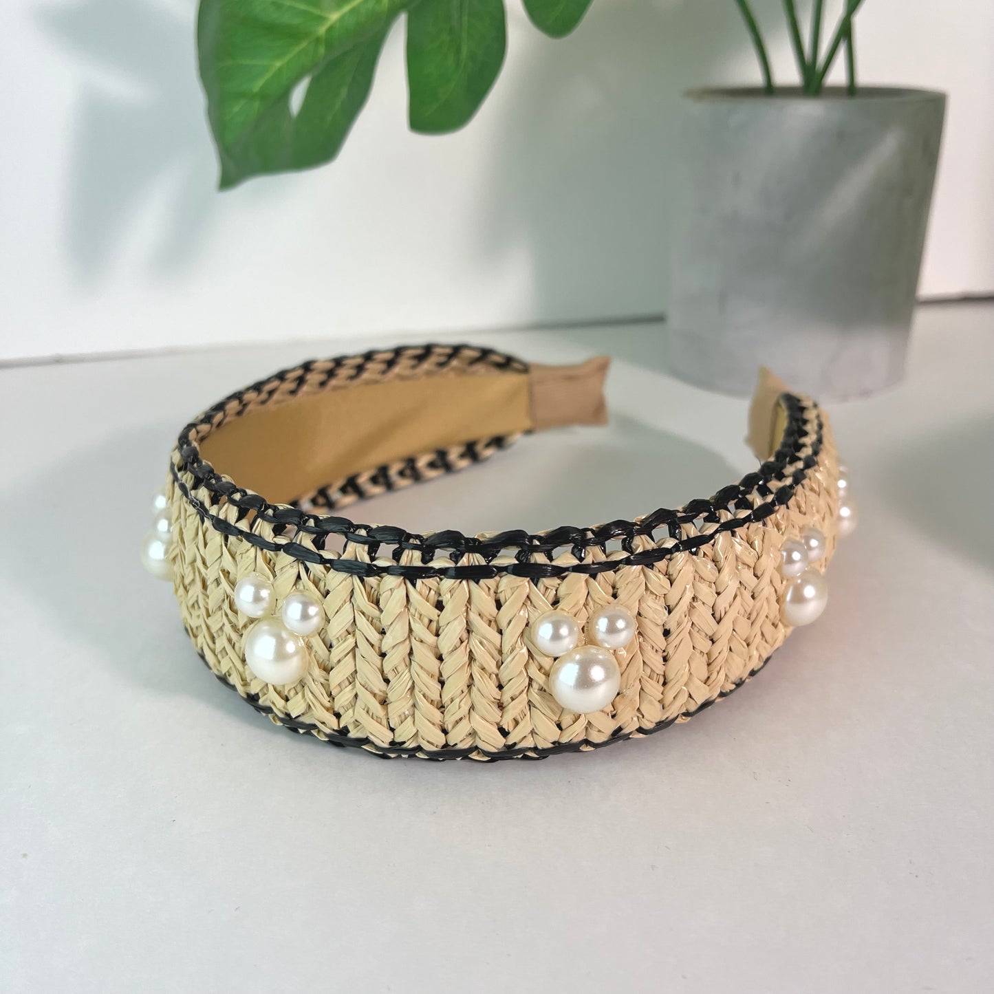 Tan Raffia - Black Trim Pearl Headband