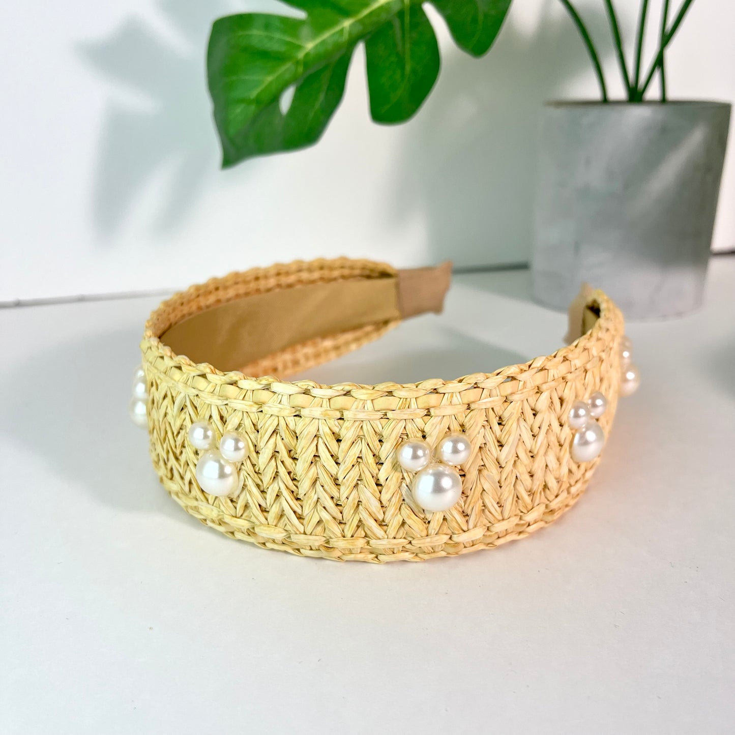 Tan Raffia Pearl Headband
