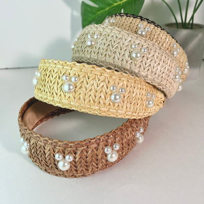 Brown Raffia Pearl Headband