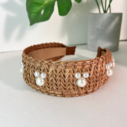 Brown Raffia Pearl Headband