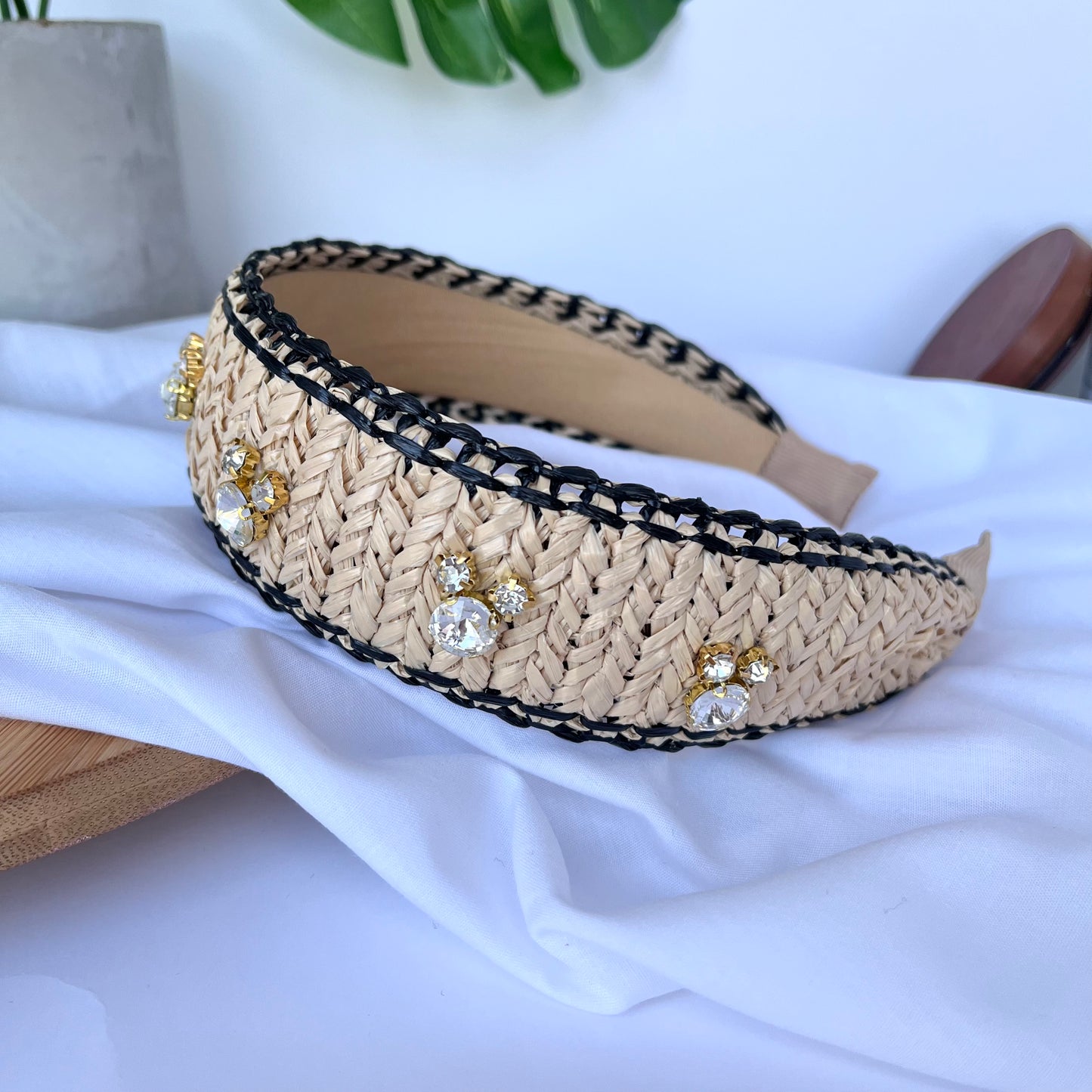 Tan Raffia - Black Trim Rhinestone Headband