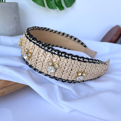 Tan Raffia - Black Trim Rhinestone Headband