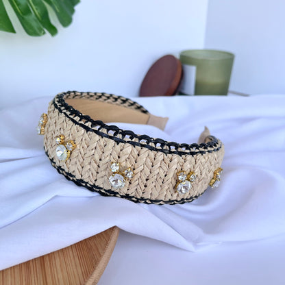 Tan Raffia - Black Trim Rhinestone Headband
