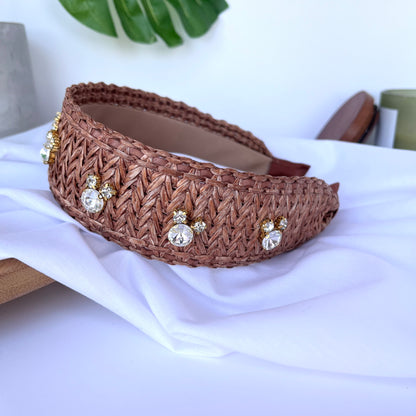 Brown Raffia Rhinestone Headband