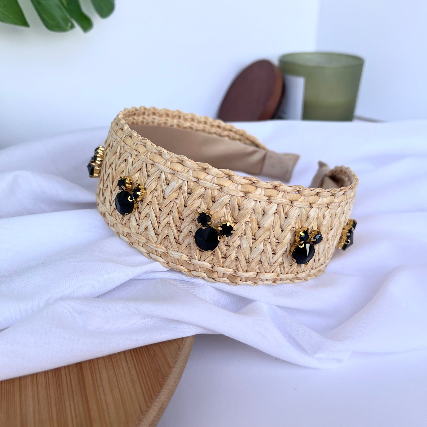 Tan Raffia Rhinestone Headband