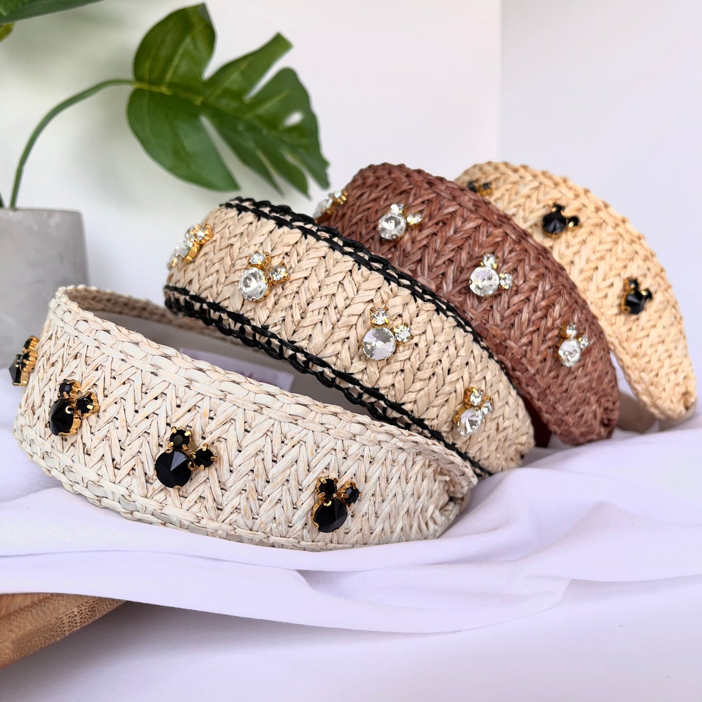 Tan Raffia - Black Trim Rhinestone Headband