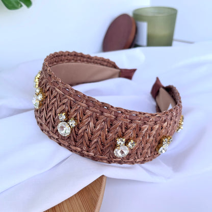 Brown Raffia Rhinestone Headband