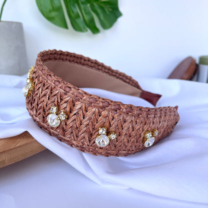 Brown Raffia Rhinestone Headband