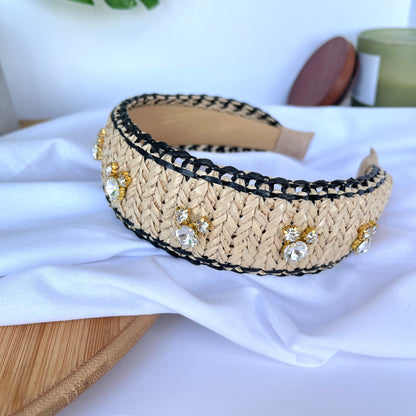 Tan Raffia - Black Trim Rhinestone Headband