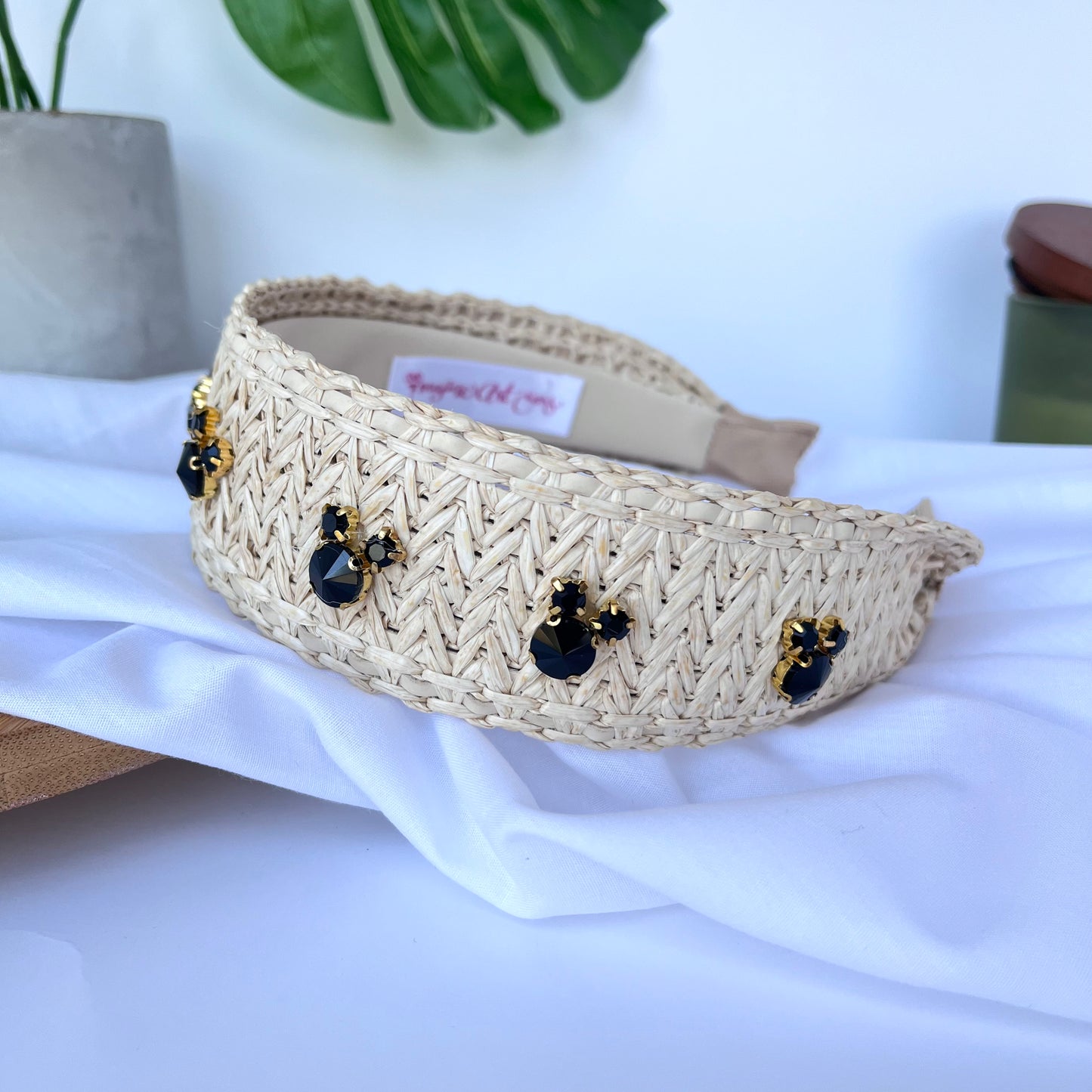 Cream Raffia Rhinestone Headband